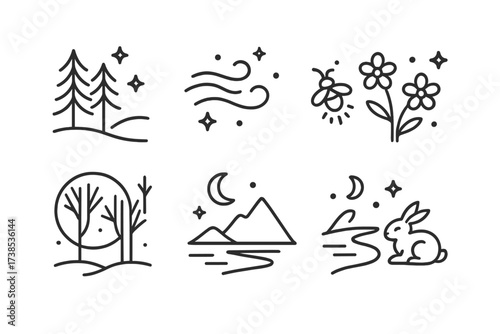 Nature Icon Sets. Outline icon set of quiet night nature: still forest, gentle breeze, firefly, nighttime flowers, silhouetted trees, calm mountains, nighttime