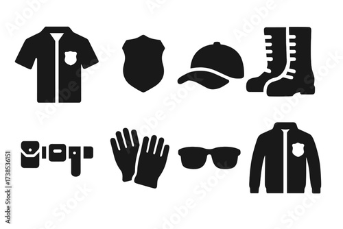 Bouncer Attire Icons. Solid, filled icon set of bouncer attire: uniform shirt, badge, cap, boots, utility belt, gloves, sunglasses, jacket. Solid, filled icons
