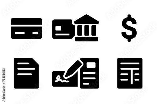 Banking Icons Collection. Solid, filled icon set of checking account essentials: checkbook, debit card, bank building, dollar sign, account statement, pen