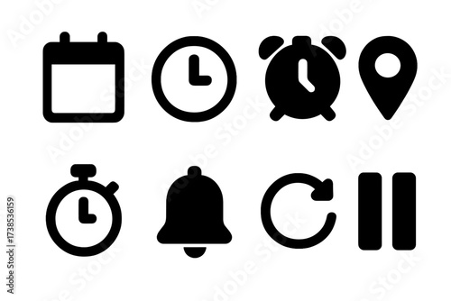 Interval Scheduling Icons. Solid, filled icon set of interval scheduling: calendar, clock, alarm, event marker, timer, notification bell, repeat, pause. [Line