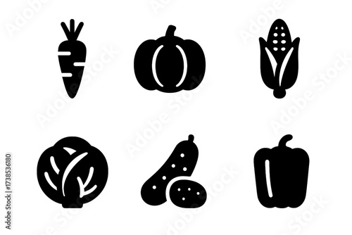 Vegetable Harvest Icons. Solid, filled icon set of vegetable harvest: carrot, pumpkin, tomato, corn, cabbage, cucumber, potato, bell pepper. [Line icons in