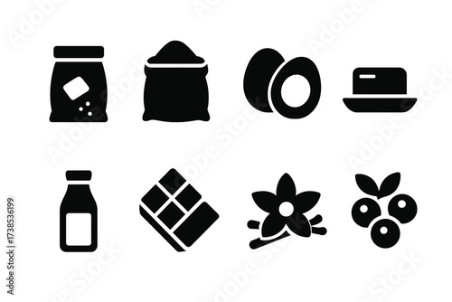 Dessert Ingredients Icons. Solid, filled icon set of dessert ingredients: sugar, flour, eggs, butter, milk, chocolate, vanilla, berries. Line icons in only