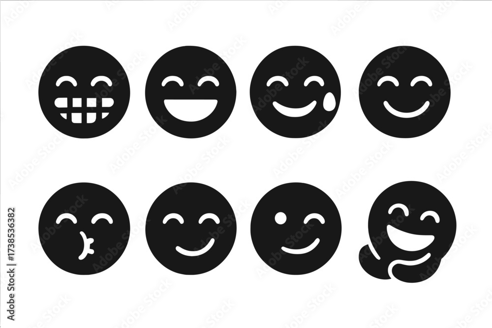 Fototapeta premium Laugh Expression Icons. Solid, filled icon set of laugh expressions: wide grin, open-mouthed laugh, tear of joy, tilted smile, cheek puff, snorting laugh, side
