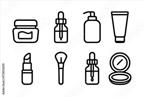 Beauty Icon Set. Outline icon set of clean beauty products: moisturizer jar, serum bottle, facial cleanser, sunscreen tube, lipstick, makeup brush, essential
