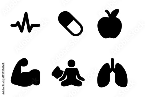 Health and Energy Icons. Solid, filled icon set of health and energy: pulse line, vitamin pill, water droplet, fresh apple, muscle arm, jogging shoe, yoga
