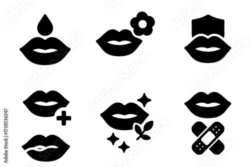 Lip Care Icons. Solid, filled icon set of lip care benefits: hydration, softness, protection, healing, nourishment, smoothness, shine, repair. Solid, filled