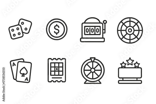 Chance Devices Icons. Outline icon set of chance devices: dice, coin, slot machine, roulette wheel, card deck, lottery ticket, wheel spinner, jackpot. Line
