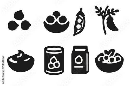 Chickpea Icon Set. Solid, filled icon set of chickpeas: raw chickpeas, cooked chickpeas, chickpea pod, chickpea plant, chickpea hummus, canned chickpeas,