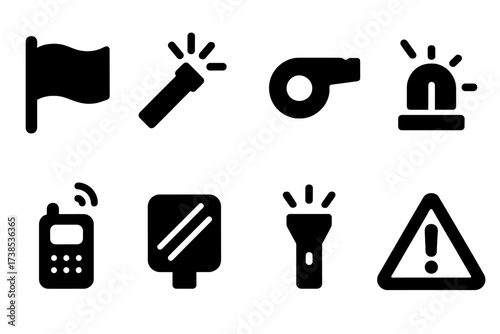 Rescue Signal Icons. Solid, filled icon set of rescue signals: SOS flag, flare, whistle, emergency beacon, radio transmitter, signal mirror, flashlight,