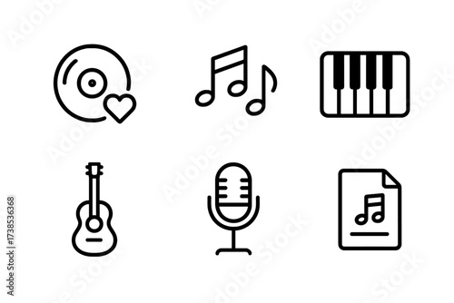 Romantic Soundtrack Icons. Outline icon set of romantic movie soundtrack: vinyl record, music notes, headphones, piano, guitar, microphone, audio wave, sheet