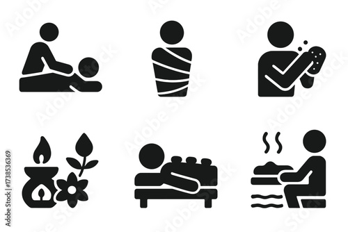 Body Care Icon Set. Solid, filled icon set of body care spa treatments: massage, body wrap, exfoliation, aromatherapy, mud bath, hot stone therapy,
