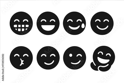 Laugh Expression Icons. Solid, filled icon set of laugh expressions: wide grin, open-mouthed laugh, tear of joy, tilted smile, cheek puff, snorting laugh, side