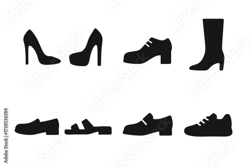 Black Shoe Icons. Solid, filled icon set of red carpet footwear: stiletto heels, platform shoes, formal shoes, designer boots, loafers, sandals, patent leather