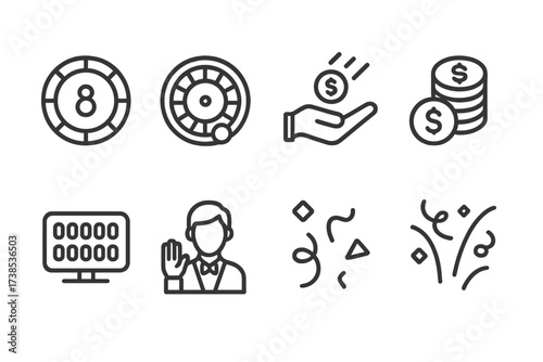 Roulette Game Icon Set. Outline icon set of roulette game results: winning number, ball landing, payout, chips collected, losing chips, scoreboard, dealer