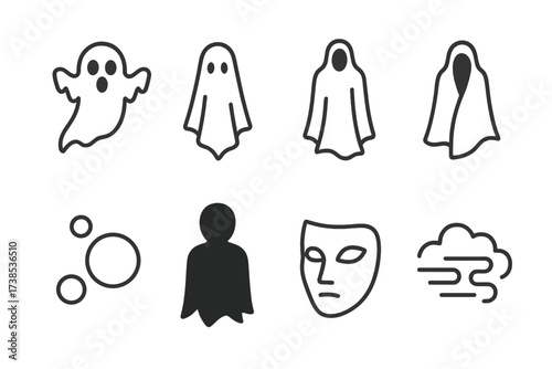 Supernatural Entities Icons. Outline icon set of supernatural entities: phantom, apparition, poltergeist, wraith, spirit orb, shadow, phantom mask, fog. [Line
