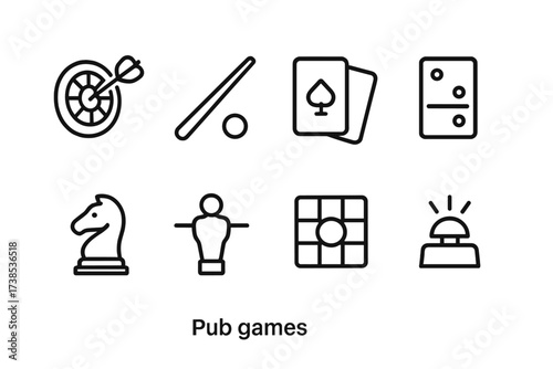 Pub Games and Drinks Icons. Outline icon set of pub games: darts, pool cue, card deck, dominoes, chess piece, foosball, bingo, trivia buzzer. [Line icons in