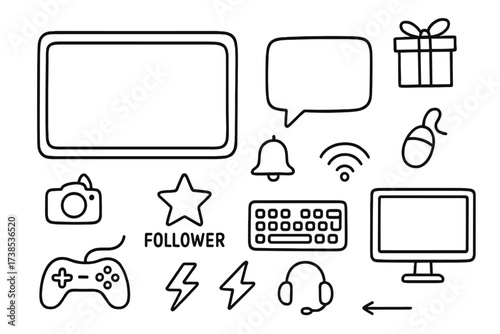 Doodle Streaming Icons. Hand-drawn doodle illustration Virtual streaming overlays webcam frame, chat box, notification bell, follower star, gift box,