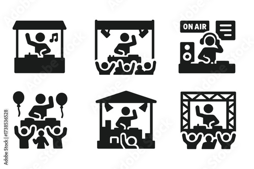 DJ Performance Icons. Solid, filled icon set of DJ performance settings: club, festival, radio station, studio, party, concert, rooftop, outdoor stage. Solid,