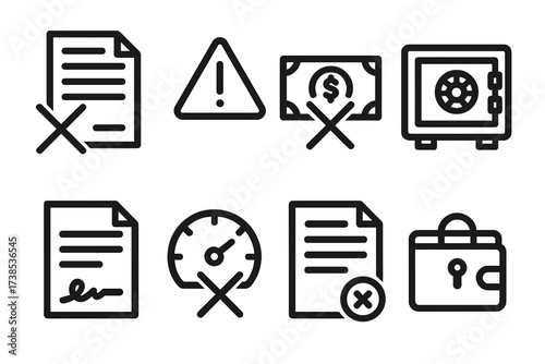 Loan Rejection Icons. Solid, filled icon set of loan rejection: crossed out loan papers, warning sign, denied cash, blocked safe, canceled contract, failed