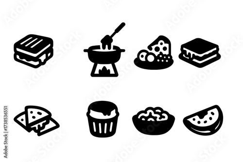 Cheese Dish Icons. Solid, filled icon set of cheese dishes: grilled cheese, cheese fondue, cheese platter, lasagna, quesadilla, cheese souffle, macaroni and