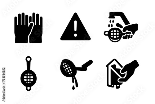 Strainer Safety Icons. Solid, filled icon set of strainer safety and use tips: gloves, warning sign, hand washing, careful pouring, drying, storage,