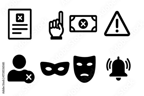 Scam Warning Icons. Solid, filled icon set of scam: fake contract, suspicious hand, crossed money, warning triangle, fake profile, mask disguise, deception