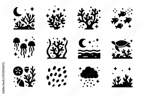 Coral Reef Icons. Coral reef night events. Solid icons set of night reef, glowing plankton, coral egg release, spawning fish, jellyfish swarm, bioluminescent