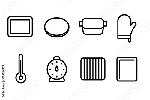 Oven Accessories Icons. Outline icon set of oven accessories: baking tray, pizza stone, roasting pan, oven mitt, thermometer, timer, cooling rack, baking