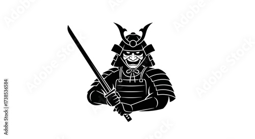 Silhouette of a fierce samurai warrior with sword in striking black and white design