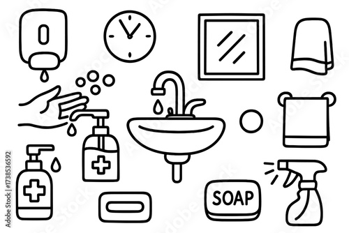 Restroom Essentials Doodle. Hand-drawn doodle illustration public restroom soap dispenser soap dispenser, pump nozzle, hand, bubbles, sink, faucet, towel,