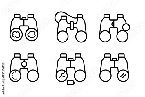 Binocular Issues Icons. Outline icon set of binocular issues: blurry image, fogged lens, broken strap, missing lens cap, loose focus wheel, cracked prism, low