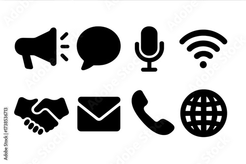 Communication Icons Grid. Solid, filled icon set of agency logo communication: megaphone, speech bubble, microphone, wifi signal, handshake, envelope, phone,