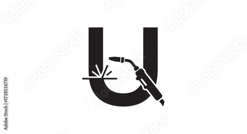 Black and White Illustration of Letter U with Welding Torch Symbolizing Industry