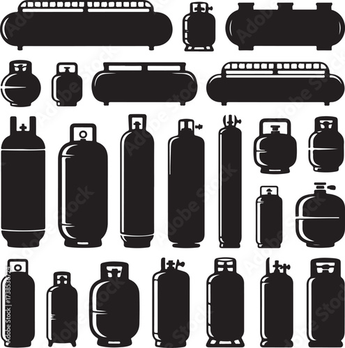Set of Propane Gas Tank, Gas Cylinders Container Fuel Storage Silhouettes