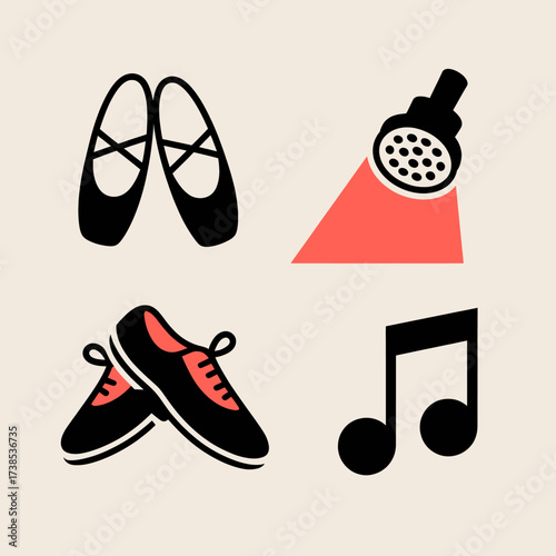 Ballet shoes sneakers spotlight and music note icons arranged on a light background representing dance sports performance and artistic expression in a simple and modern style