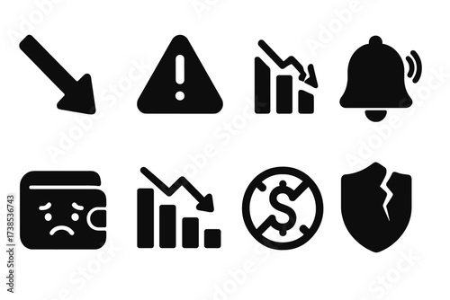 Credit Score Icons. Solid, filled icon set of credit score loss: downward arrow, warning sign, broken graph, alert bell, sad wallet, failing bar chart, crossed