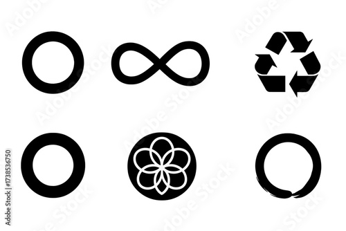 Symbolic Circle Icons. Solid, filled icon set of symbolic circles: unity ring, infinity loop, peace circle, life cycle, karma circle, wholeness symbol, sacred