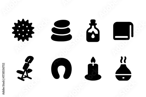 Massage Tools Icons. Solid, filled icon set of relaxation massage tools: massage ball, hot stones, oil bottle, towel, massage chair, face cradle, candle,