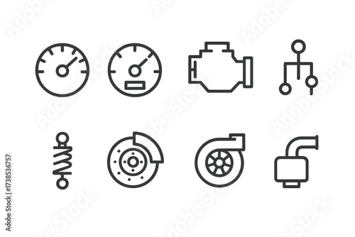 Truck Performance Icons. Outline icon set of truck performance: speedometer, fuel gauge, engine, gearbox, suspension, brakes, turbocharger, exhaust. Line icons