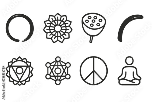 Zen Icon Set. Outline icon set of zen symbols and concepts: enso circle, mandala, lotus seed pod, zen brush stroke, chakra symbol, sacred geometry, peace sign,