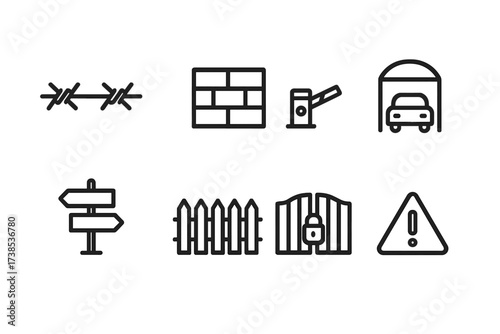 Border Icons Set. Outline icon set of borders and limits: barbed wire, wall, checkpoint, border crossing, signpost, fence, locked gate, warning triangle. Line
