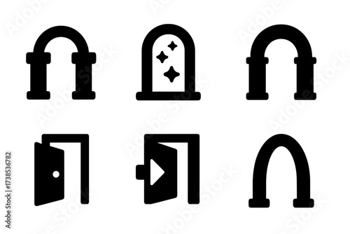 Symbolic Gates Icons. Solid, filled icon set of symbolic gates: gateway, portal, door, arch, threshold, entrance, exit, passageway. [Line icons in only black