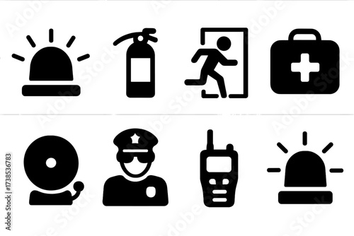 Emergency Security Icons. Solid, filled icon set of emergency security: siren, fire extinguisher, emergency exit, first aid kit, alarm bell, security guard,