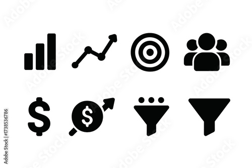Startup Growth Icons. Solid, filled icon set of start-up growth metrics: bar chart, line graph, target, users, revenue, profit, conversion rate, funnel. Line