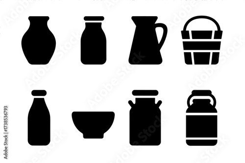 Milk Container Icons. Solid, filled icon set of milk containers and storage: earthen pot, milk jar, metal pitcher, wooden bucket, glass bottle, ceramic bowl,