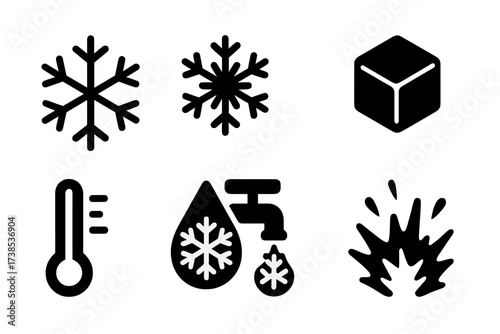 Cold Water Icons. Solid, filled icon set of cold water symbols: frost icon, snowflake, chill wave, ice block, cold temperature gauge, frozen droplet, cold
