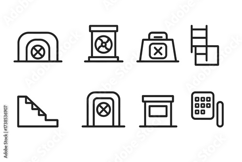 Bunker Access Icons. Outline icon set of bunker access points: main entrance, ventilation shaft, emergency hatch, ladder, stairwell, airlock, guard post,