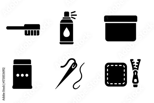Stick Bag Toolkit Icons. Solid, filled icon set of stick bag maintenance: cleaning brush, waterproof spray, repair kit, storage box, desiccant pack, sewing