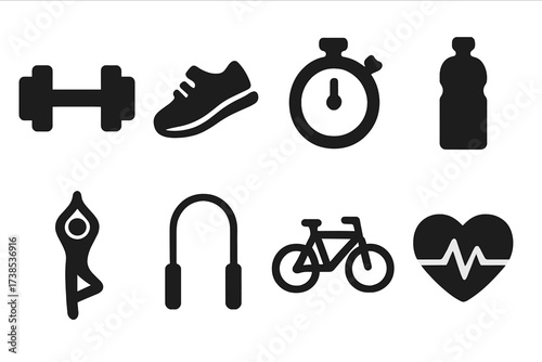 Fitness Icons Collection. Solid, filled icon set of fitness: dumbbell, running shoe, stopwatch, water bottle, yoga pose, jump rope, bicycle, heart rate. Solid,