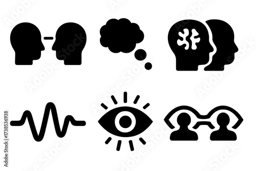 Telepathic Icons Set. Solid, filled icon set of telepathic communication: mind-to-mind beam, thought bubble, brain signal, dual head silhouette, psychic wave,